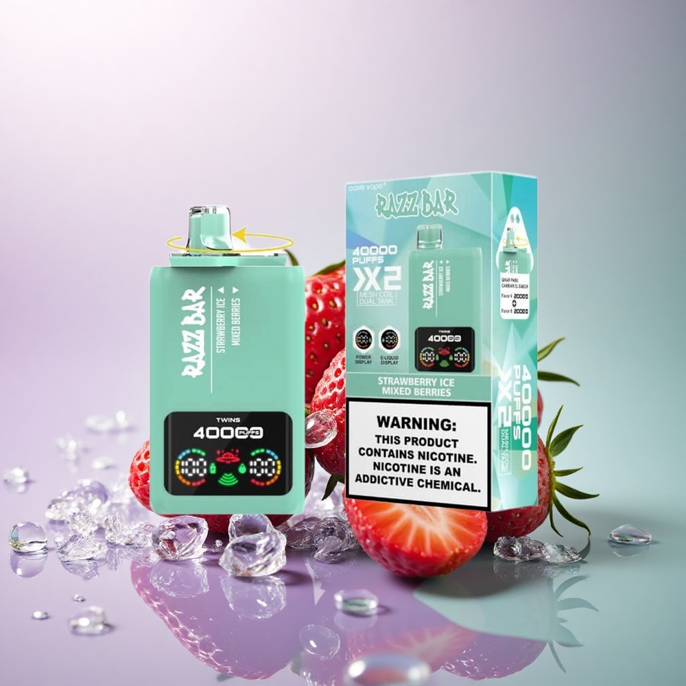 Razz Bar 40000 Puffs Jordbær Is - Bærmix med 650 mAh og 5% nikotin