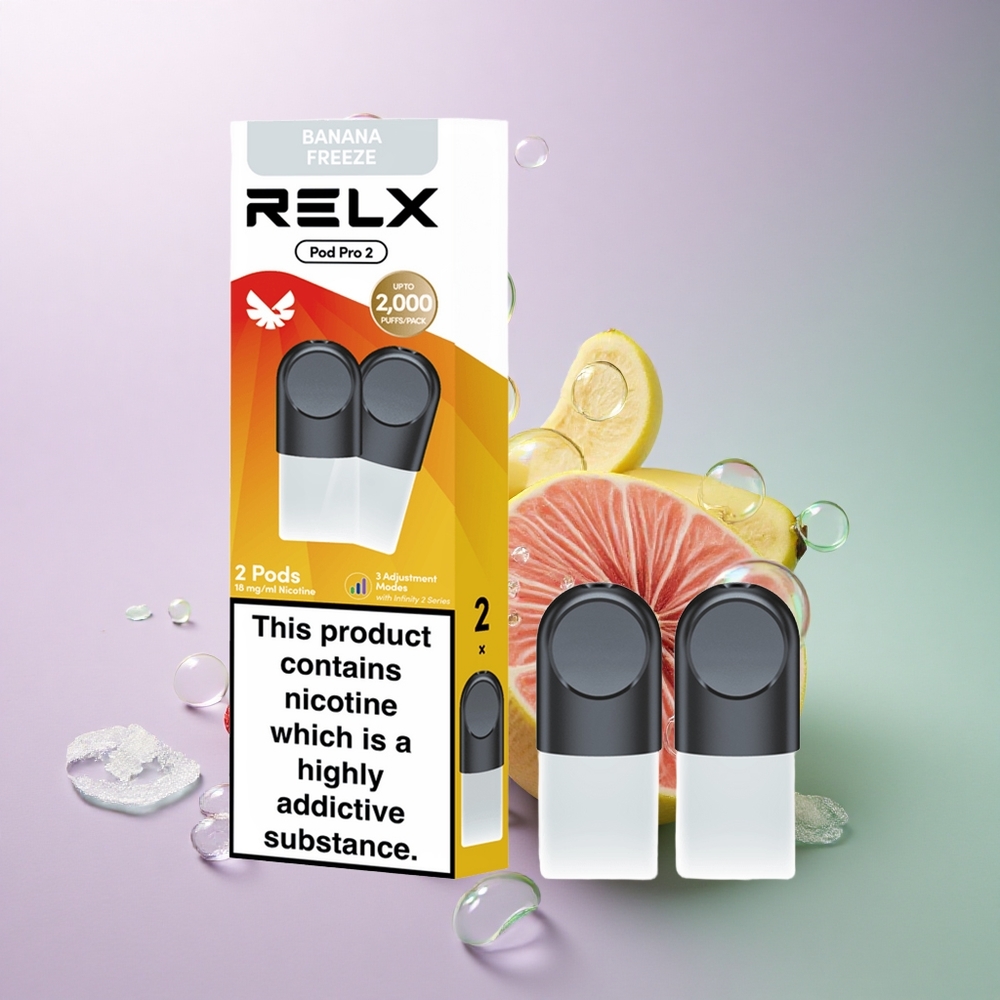 Relx Pod Pro 2 Vape Device Dessert-Banan Fryse 18mg/ml nikotin, 1.9ml kapacitet, 3 spændingsindstillinger